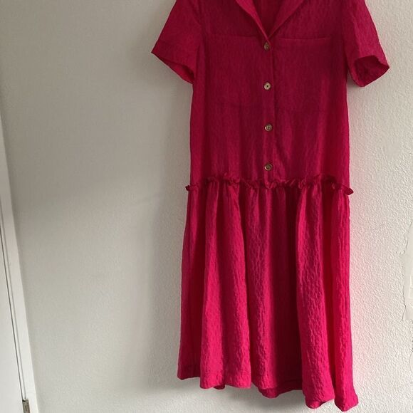 Anthropologie Exquise Deep Raspberry Pink Drop Waist Button-Front Mid Dress - Picture 5 of 9